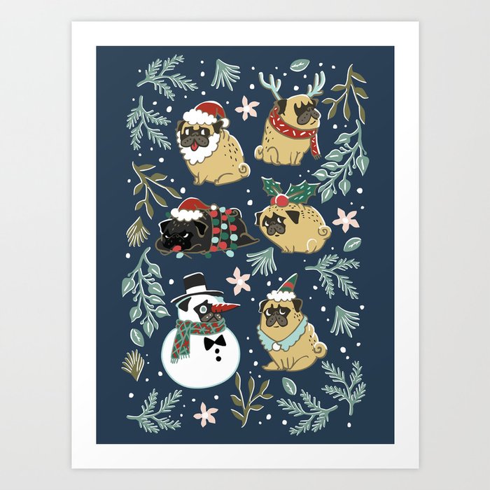 Christmas Pugs Art Print