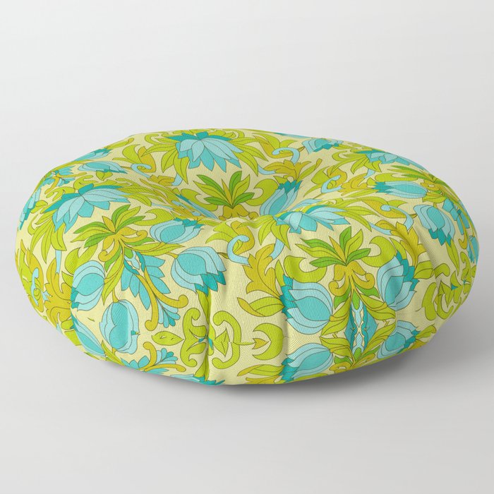 Turquoise and Green Leaves 1960s Retro Vintage Pattern Floor Pillow