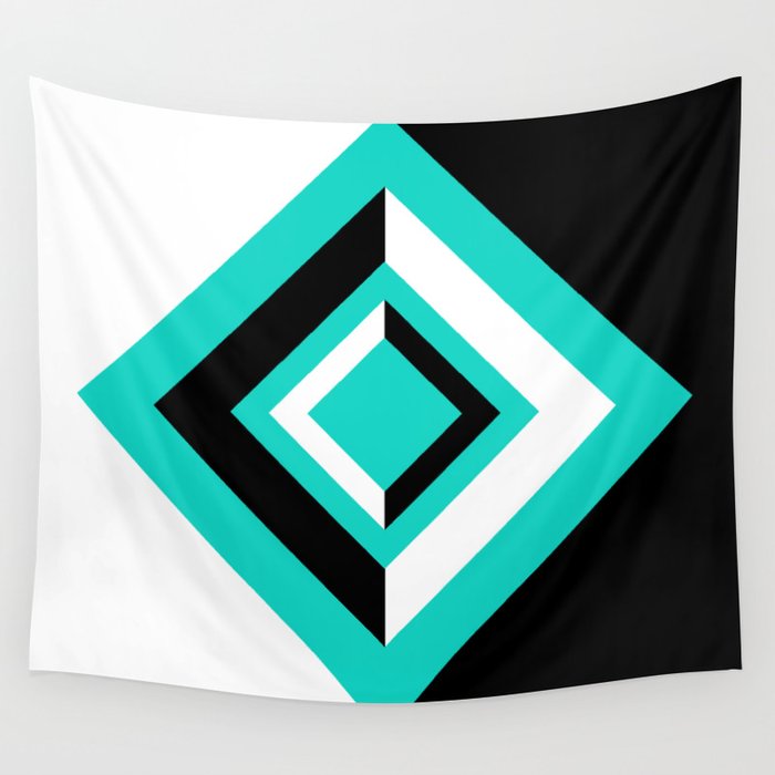 Teal Black and White Diamond Shapes Digital Illustration - Artwork Wall Tapestry