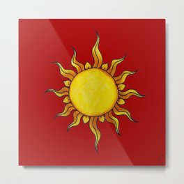 Sun Watercolor Painting on Red Background Design Metal Print