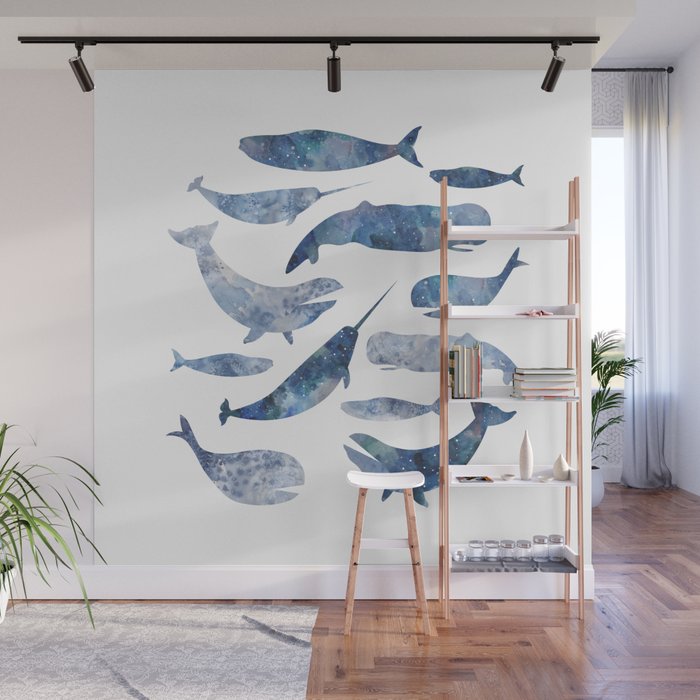 Whales, whale art, whale painting, whale wall art, watercolour whales, ocean Wall Mural