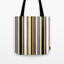 [ Thumbnail: Eyecatching Light Slate Gray, Brown, Tan, White & Black Colored Lines/Stripes Pattern Tote Bag ]