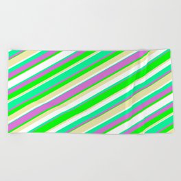[ Thumbnail: Vibrant Green, Orchid, Lime, Pale Goldenrod, and White Colored Pattern of Stripes Beach Towel ]