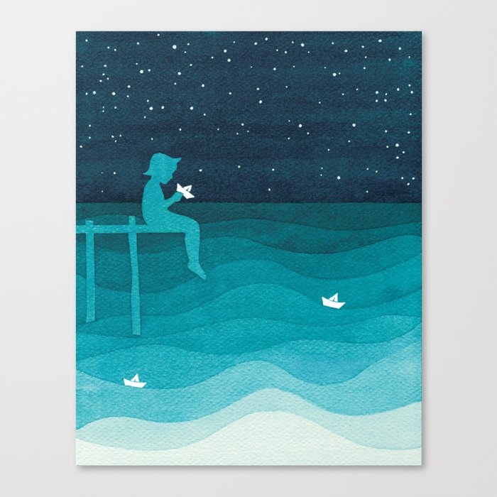Boy with paper boats, watercolor teal art Canvas Print
