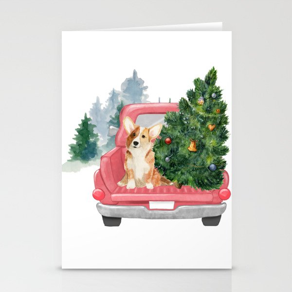 Driving Home For Christmas - Corgi On Red Xmas Car  Stationery Cards