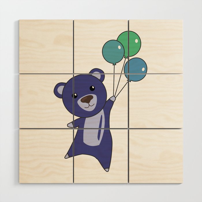 Bear Blue Flies With Balloons Sweet Animals Bear Wood Wall Art