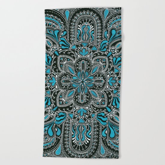White turquoise symmetrical mandala line pattern Beach Towel