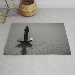Sail Away; a girl on her umbrella riverscape liberation black and white photograph - photography - photographs Rug