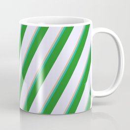[ Thumbnail: Tan, Light Sea Green, Forest Green, and Lavender Colored Lined/Striped Pattern Coffee Mug ]