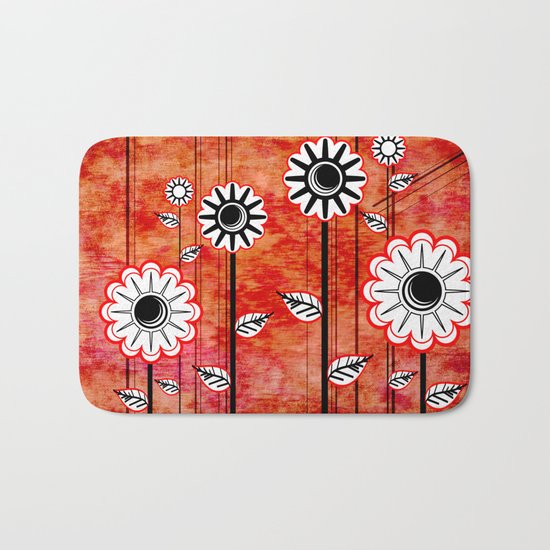 Retro Flowers on textured red Bath Mat