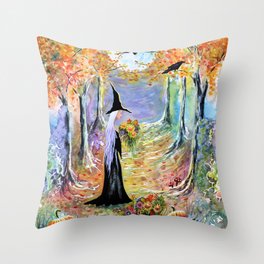 "Autumn Forest" Witch in colorful forest Throw Pillow