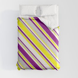 [ Thumbnail: White, Purple, Light Gray & Yellow Colored Lines Pattern Comforter ]