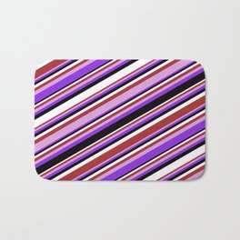 [ Thumbnail: Colorful Brown, Plum, Purple, Black, and White Colored Pattern of Stripes Bath Mat ]