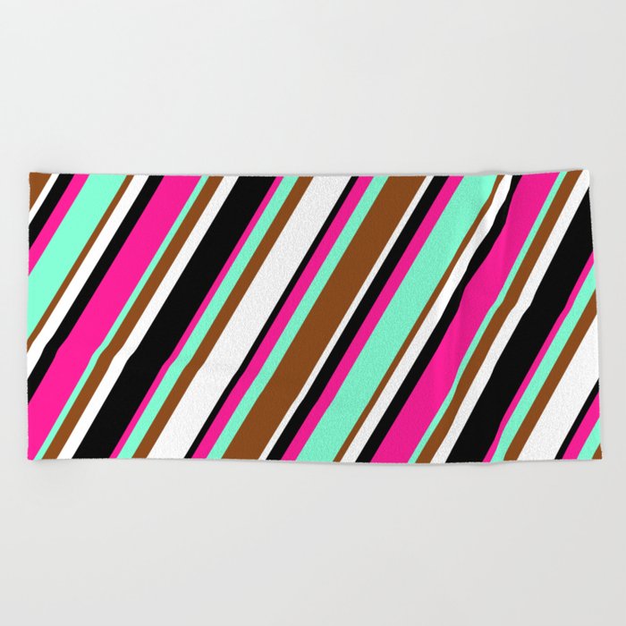 Vibrant Deep Pink, Aquamarine, Brown, White, and Black Colored Striped Pattern Beach Towel