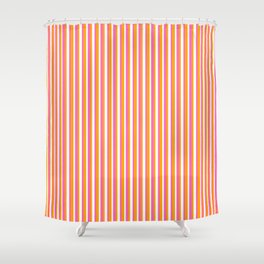 [ Thumbnail: Orange, Hot Pink, and White Colored Striped Pattern Shower Curtain ]