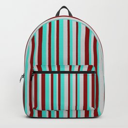 [ Thumbnail: Turquoise, Dark Red, and Light Grey Colored Pattern of Stripes Backpack ]