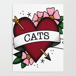I Love Cats and Tattoos Sailor Jerry Style Tattoo Heart Poster