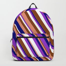 [ Thumbnail: Eye-catching Dark Orchid, White, Brown, Dark Salmon & Blue Colored Stripes Pattern Backpack ]