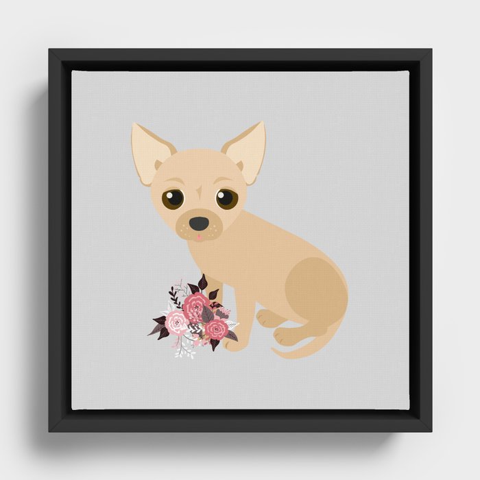 Chihuahua and Flowers Fawn Dog Gray Framed Canvas