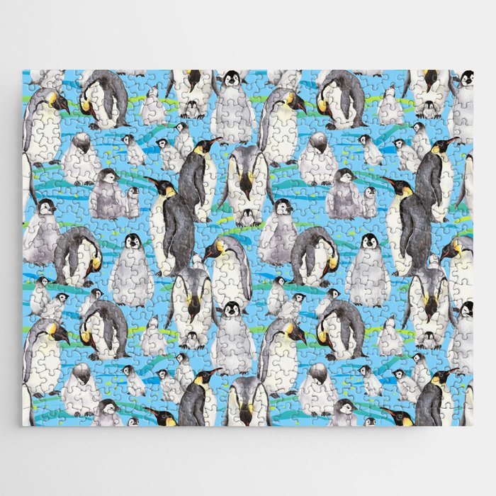 Joyful Penguins family - blue Jigsaw Puzzle