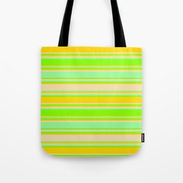 [ Thumbnail: Green, Chartreuse, Yellow & Tan Colored Stripes/Lines Pattern Tote Bag ]