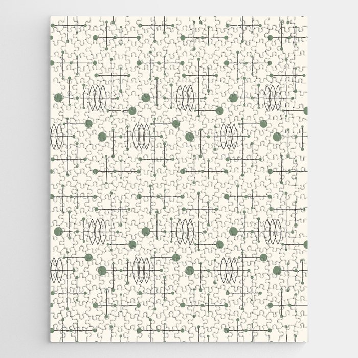 Mid Century Atomic Age Pattern Sage Green and Cream Jigsaw Puzzle