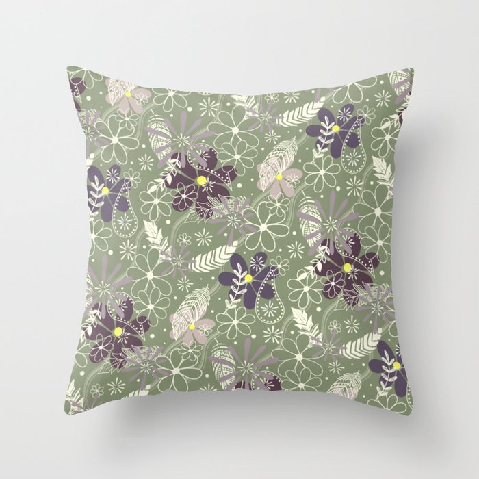 plum purple sage doodle feathers and flowers Throw Pillow