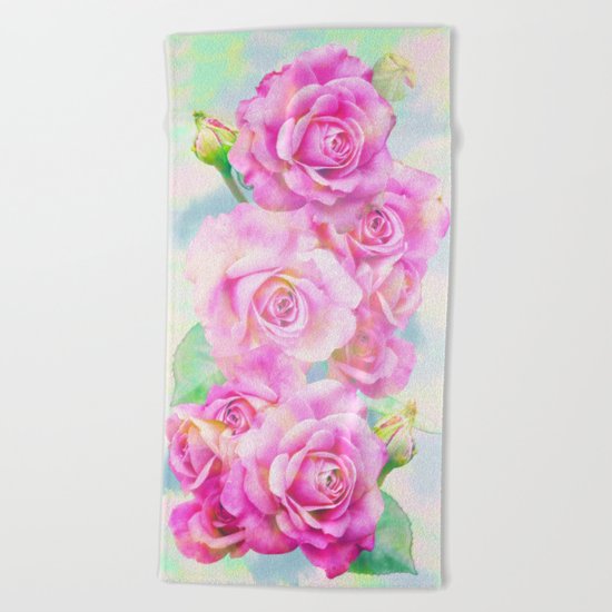 Lush, pink, painterly roses Beach Towel