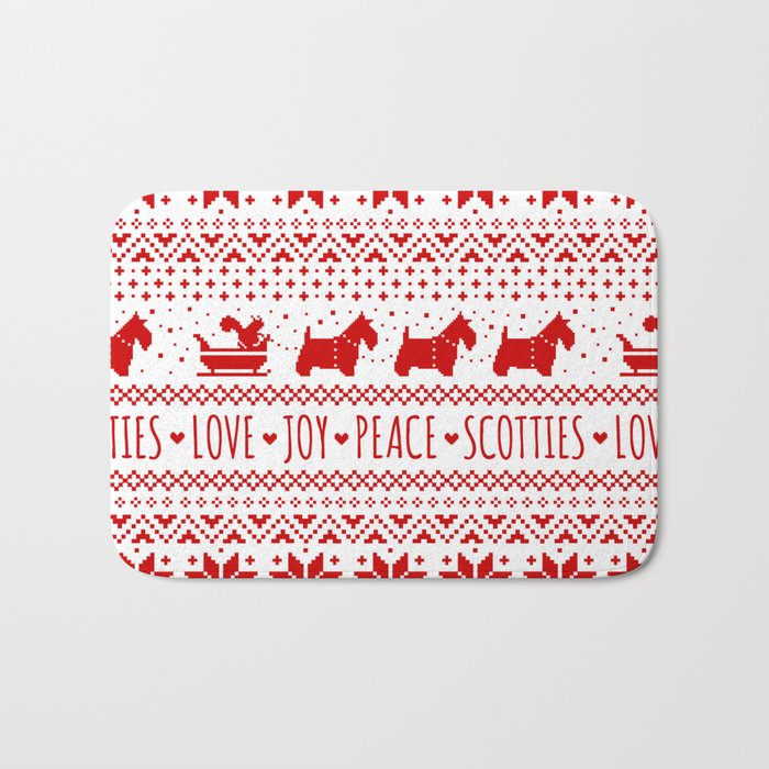 Love Joy Peace Scotties | Scottish Terriers Christmas Holiday Pattern Bath Mat