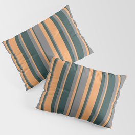[ Thumbnail: Grey, Dark Slate Gray & Brown Colored Lined/Striped Pattern Pillow Sham ]
