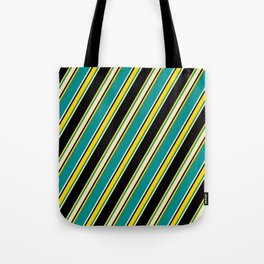 [ Thumbnail: Dark Cyan, Beige, Black, and Yellow Colored Lines/Stripes Pattern Tote Bag ]