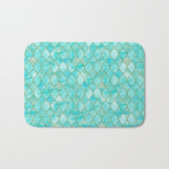 Luxury Aqua Teal and Gold oriental quatrefoil pattern Bath Mat