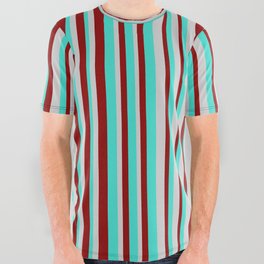 [ Thumbnail: Turquoise, Dark Red, and Light Grey Colored Pattern of Stripes All Over Graphic Tee ]