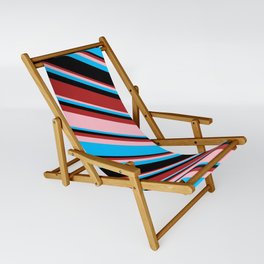 [ Thumbnail: Red, Pink, Deep Sky Blue, and Black Colored Stripes/Lines Pattern Sling Chair ]