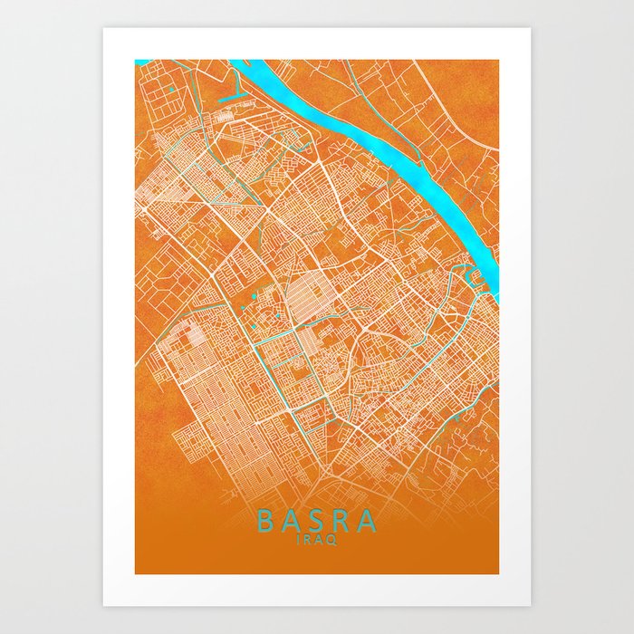 Basra, Iraq, Gold, Blue, City, Map Art Print