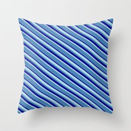 [ Thumbnail: Light Blue, Blue & Dark Blue Colored Lined/Striped Pattern Throw Pillow ]