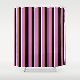 [ Thumbnail: Orchid, Chocolate, Black, Beige & Midnight Blue Colored Lined/Striped Pattern Shower Curtain ]