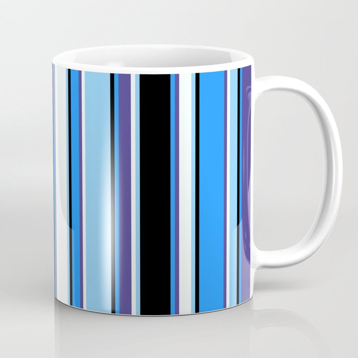 Vibrant Light Sky Blue, Mint Cream, Dark Slate Blue, Blue & Black Colored Lines Pattern Coffee Mug