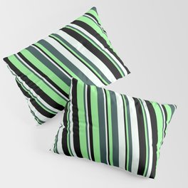 [ Thumbnail: Dark Slate Gray, Green, Black & Mint Cream Colored Stripes/Lines Pattern Pillow Sham ]