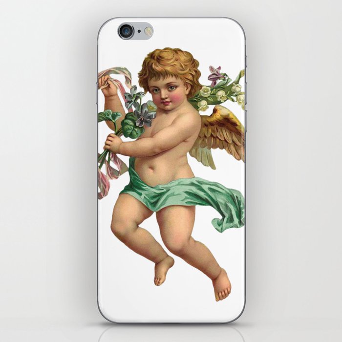 Blonde Angel Christmas Vintage Clipart Green Dress  iPhone Skin