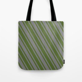 [ Thumbnail: Grey and Dark Olive Green Colored Pattern of Stripes Tote Bag ]