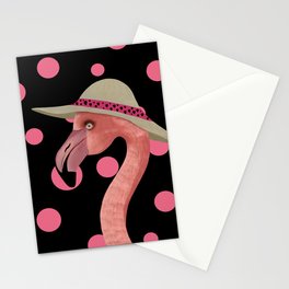 Flamboyant Flamingo with Hat on Polka Dot Pattern Stationery Card