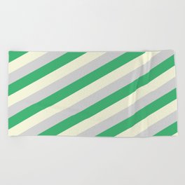 [ Thumbnail: Beige, Light Grey & Sea Green Colored Lined Pattern Beach Towel ]