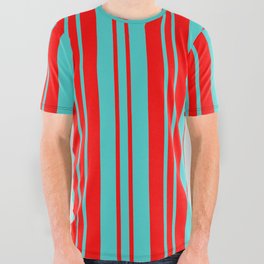 [ Thumbnail: Turquoise & Red Colored Lines Pattern All Over Graphic Tee ]
