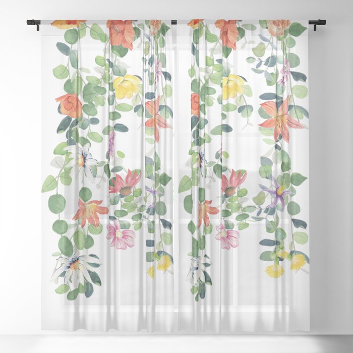 Flowers and Eucalyptus Garland Sheer Curtain