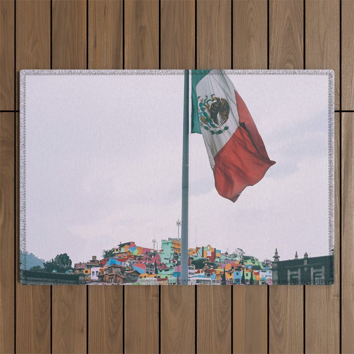 Mexico Photography - The Mexican Flag In Front Of A Colorful City Outdoor Rug
