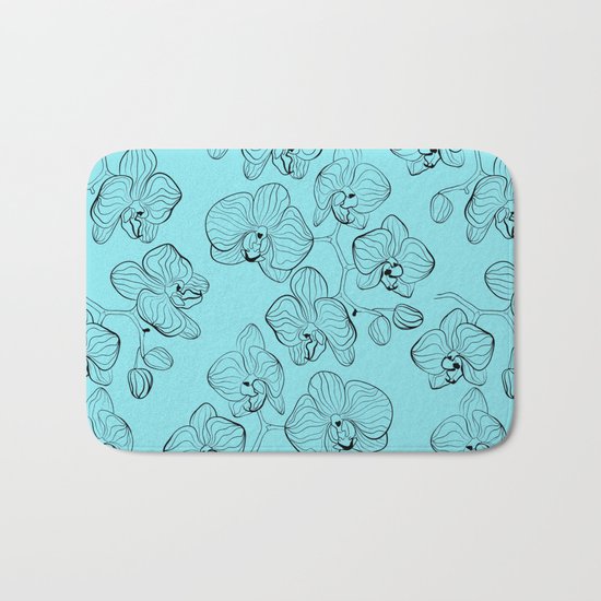 Retro . Orchid flowers on a heavenly blue background . Bath Mat