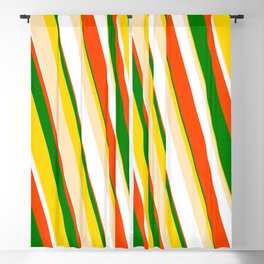 [ Thumbnail: Eye-catching Yellow, Beige, White, Red & Green Colored Pattern of Stripes Blackout Curtain ]
