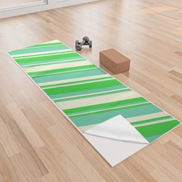 [ Thumbnail: Lime Green, Aquamarine & Beige Colored Stripes/Lines Pattern Yoga Towel ]