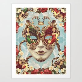 Floral Opulence - Red, Green & Gold Venetian Mask  Art Print
